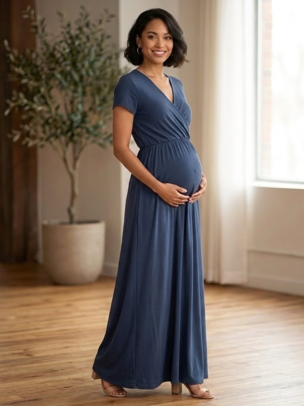 Mother Bee Maternity Dusty Blue Wrap-Front Maxi Dress Size XL EUC